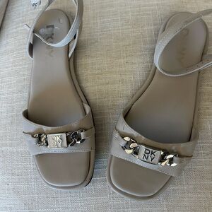 DKNY Taupe Sandals with Silver Chain Detail